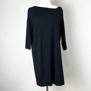 Eileen Fisher Dress Tunic Black Jersey Asymmetric Neckline Size Medium Petite‎